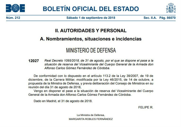 El Supremo admite el recurso del vicealmirante que el Gobierno envió a la reserva forzosamente