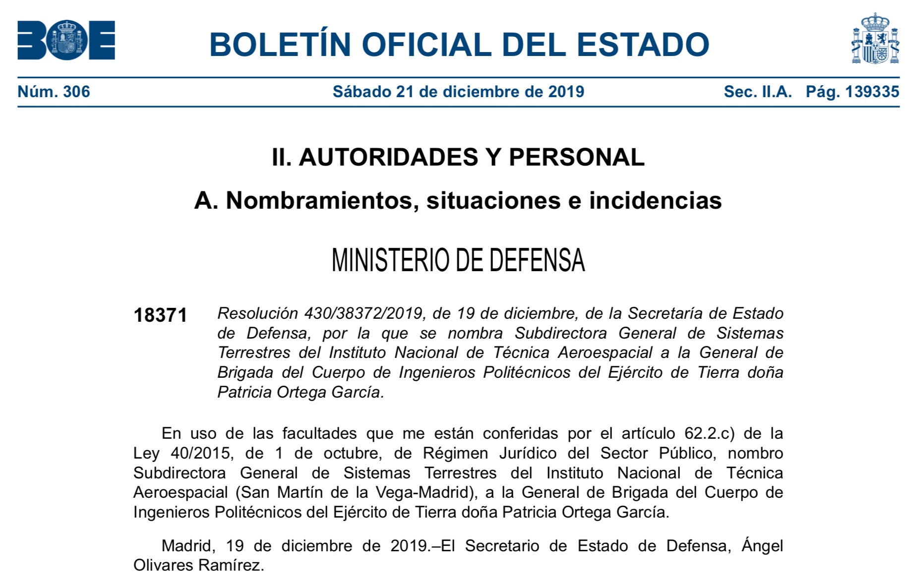 Defensa nombra a la general Ortega para un cargo de subdirectora general en el INTA