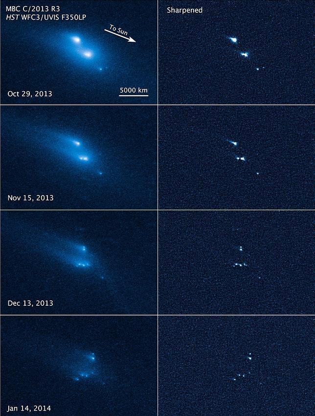 El Hubble capta cómo un asteroide se parte en diez pedazos